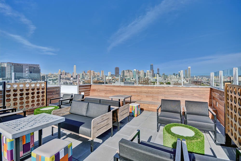 Rooftop game patio at Fairfield Residential's L Seven Apartments in San Francisco